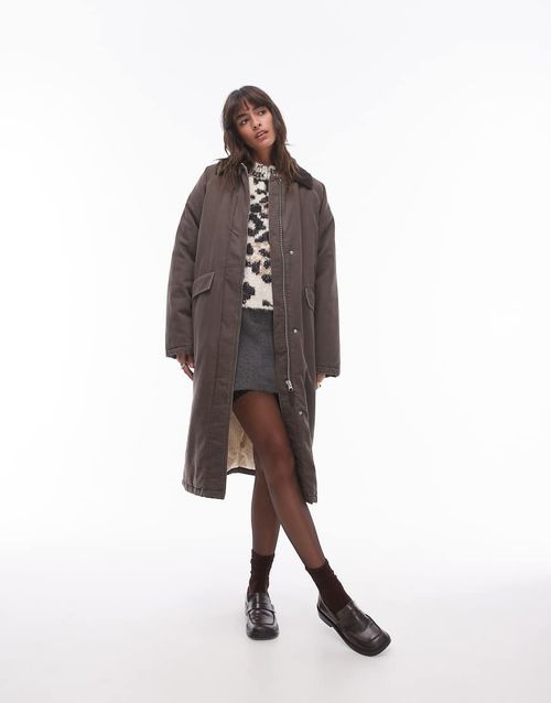 Topshop longline cotton padded jacket with cord collar in brown-Red