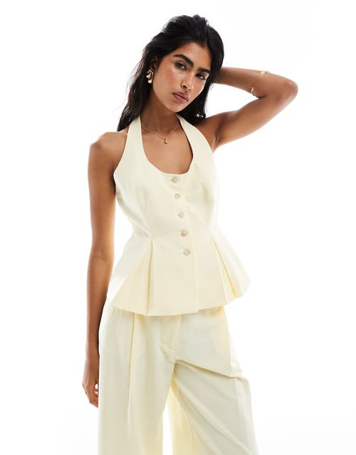 Linen blend tailored halter top in buttermilk-Yellow