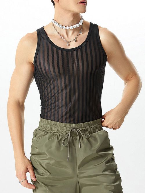 Mens Striped Mesh See Through Sleeveless Vest SKUK35601 - Black / S