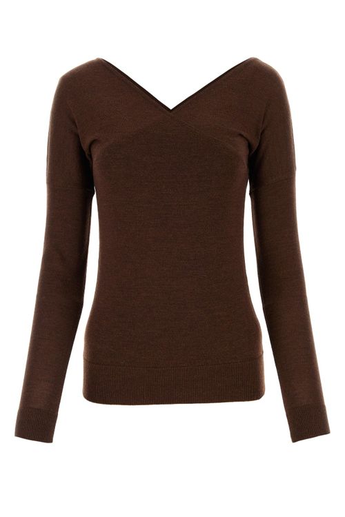 Crossover V-Neck Wool Sweater — Brown