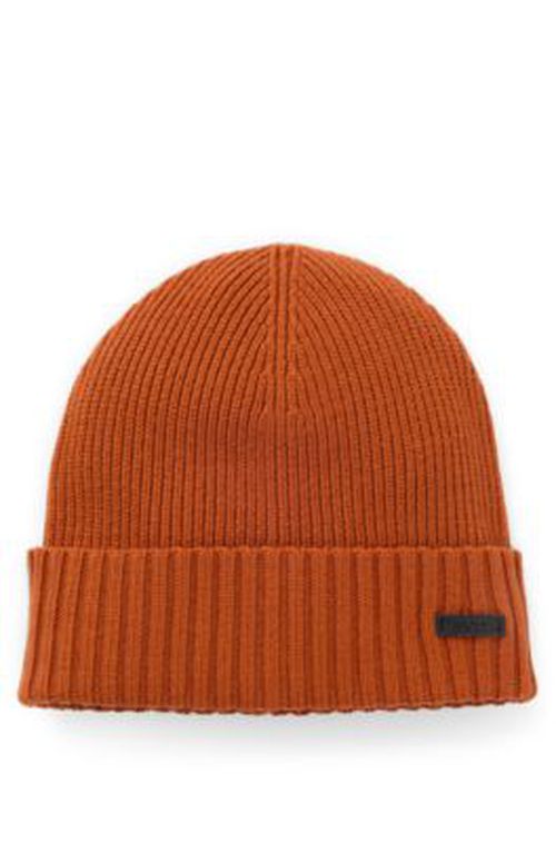 BOSS Logo-plaque beanie hat in virgin wool - Dark Orange Men's Hats and Glove