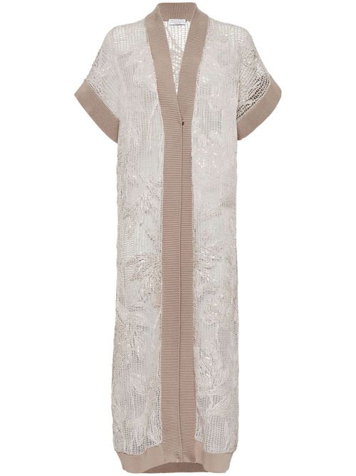 Magnolia-embroidered long cardigan - Neutrals