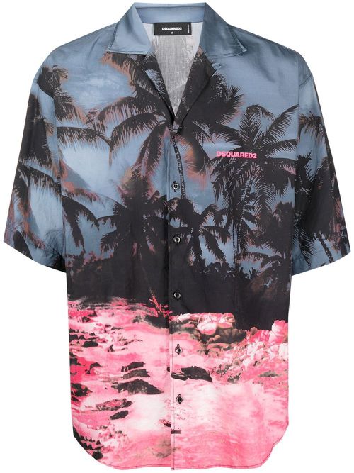 Palm tree-print short-sleeved shirt - Black