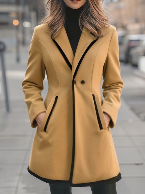 Chic Double-Breasted White Coat with Black Trim - Camel