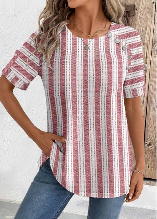 Modlily Blue Geometric Print Short Sleeve Round Neck Blouse