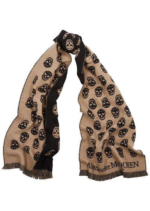 Navy and grey skull-intarsia wool scarf