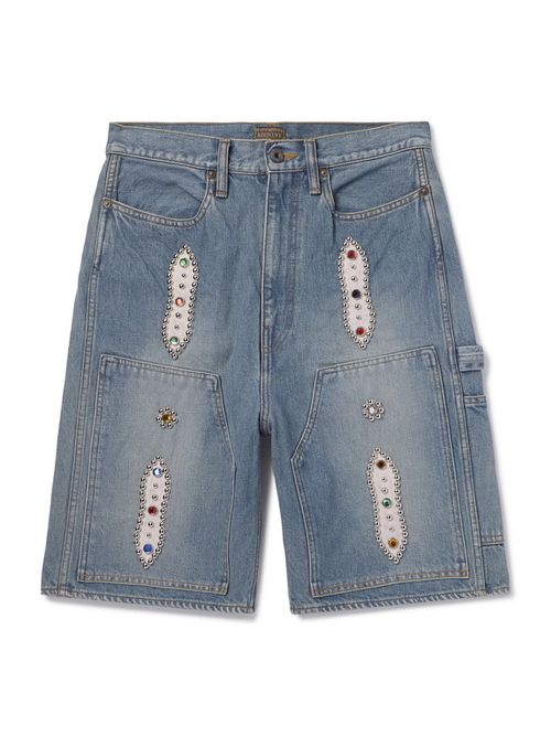 Straight-Leg Leather-Trimmed Embellished Denim Shorts