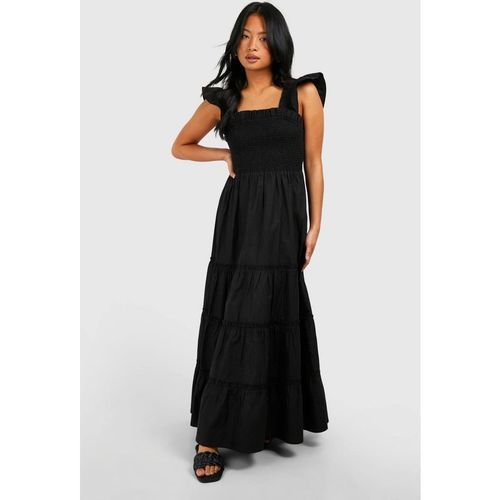 Boohoo Women's Petite Shirred Poplin Midaxi Dress in Black