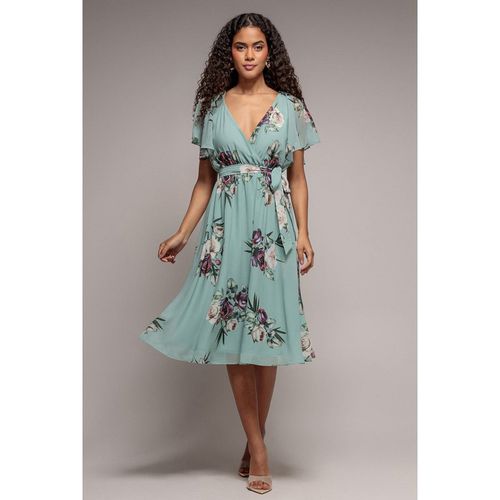 Goddiva Floral Printed Flutter Sleeve Chiffon Midi Dress - Sage Green