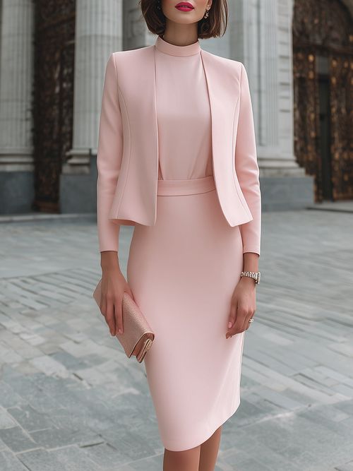Tailored Collarless Blazer And Mock-Neck Midi Dress Set - Pink