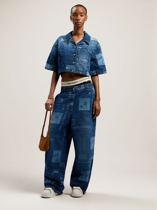 Newspaper Print Denim Shirt Woman  Medium Blue