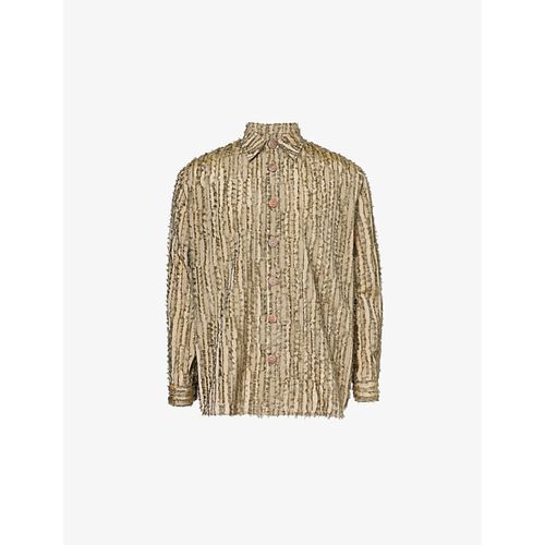 Mens Khaki/Olive Frayed Long-sleeved Woven Shirt S
