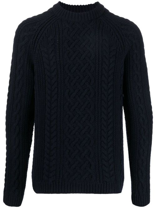 Logo-patch cable-knit wool jumper - Blue
