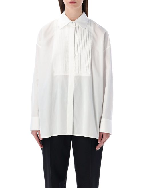 Oversized White Cotton Shirt With Pleated Bib And Jewel Buttons