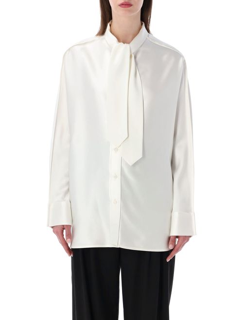 Oversized Silk Satin Shirt with Tailored Necktie and Knot Cuff Buttons - Size 40