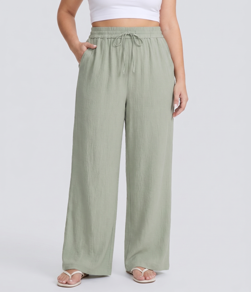 High Waisted Drawstring Linen-Feel Wide Leg Casual Plus Size Pants with Pockets  - Thin Mint - Seafoam
