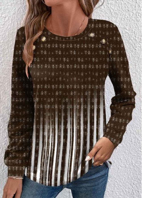 Modlily Dark Camel Button Ombre Long Sleeve T Shirt