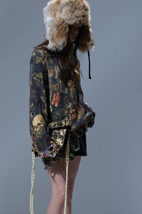R13 Printed Boyfriend Sweater - Skull Camo Green