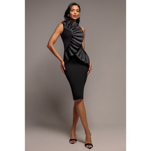 Goddiva One Shoulder Pleated Fan Midi Dress - Black