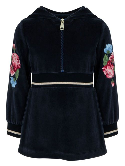 Floral embroidery hooded dress - Blue