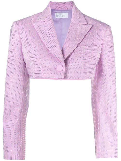 Cropped crystal-embellished cotton-blend blazer - Purple