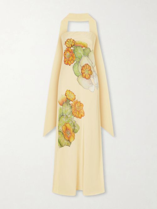 Strapless Scarf-detailed Floral-print Silk-crepe Gown - Yellow