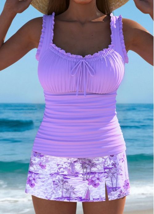 Modlily Mid Waisted Tropical Plants Print Cyan Tankini Set