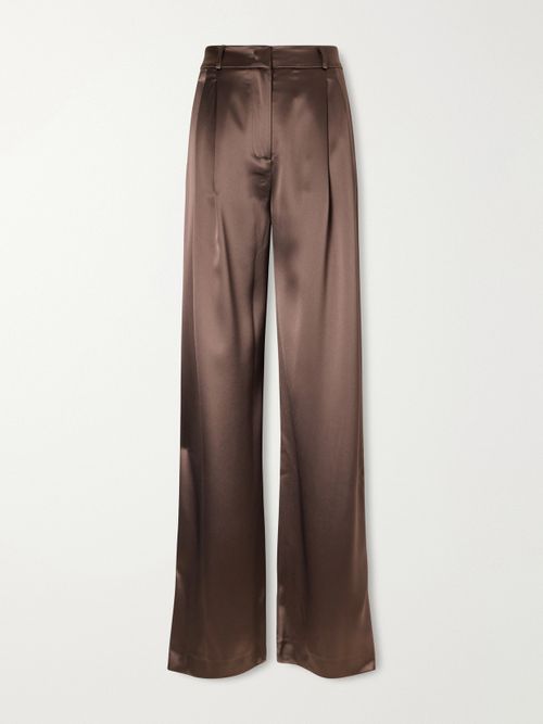 Keckler Pleated Satin High-rise Straight-leg Pants - Brown