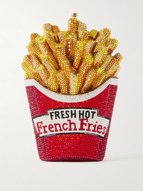 French Fries Fresh And Hot Crystal-embellished Gold-tone Clutch - Red