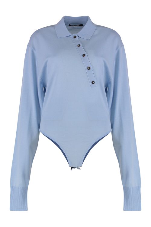 Jacquard-Style Merino Wool Bodysuit with Polo Collar