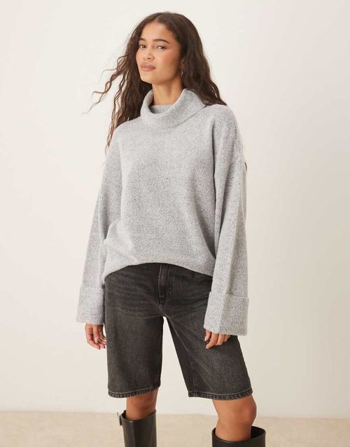 Roll neck knitted jumper with cuff detail in light grey melange