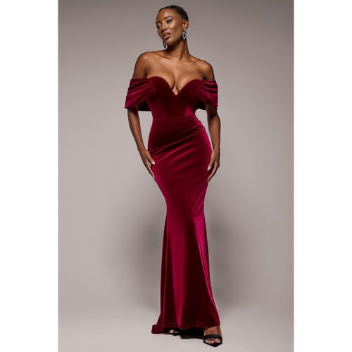 Goddiva Off The Shoulder Deep Plunge Velvet Maxi Dress - Burgundy
