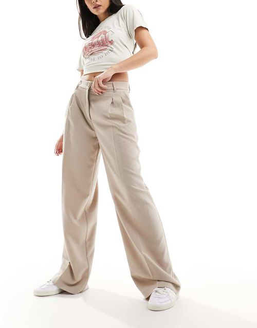 Monki high waist wide leg tailored trousers in beige-Neutral