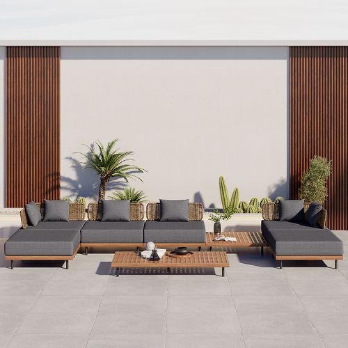 Conjunto de jadín modular en aluminio y madera de teca – resistente a la intemperie para 6 personas en gris, sofá esquinero para terraza