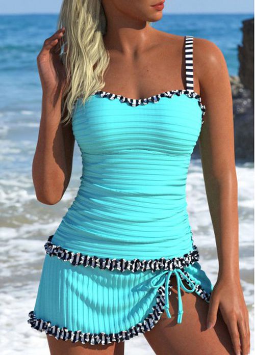 Modlily Contrast Binding Striped Black Tankini Set