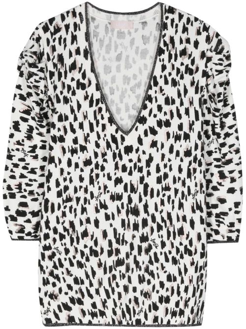 Animal-print v-neck knit top - Black