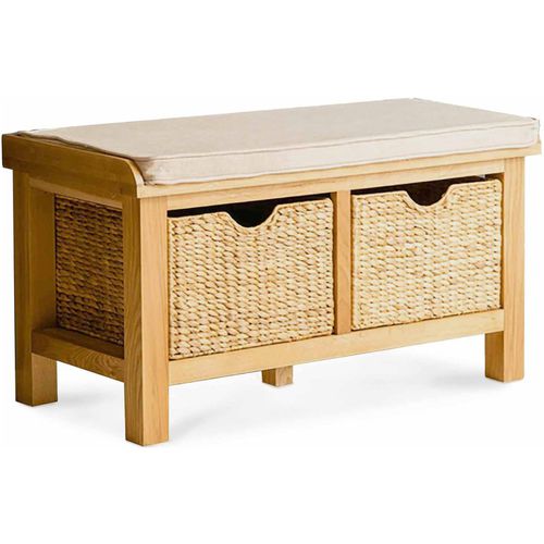 London Oak Hall Bench with Baskets and Cushion | Light Oak | Roseland
