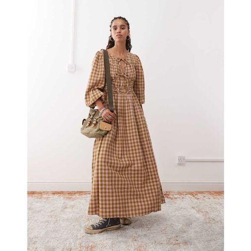Reclaimed Vintage Womens maxi smock dress with tie front detail in yellow and pink check - Multicolour