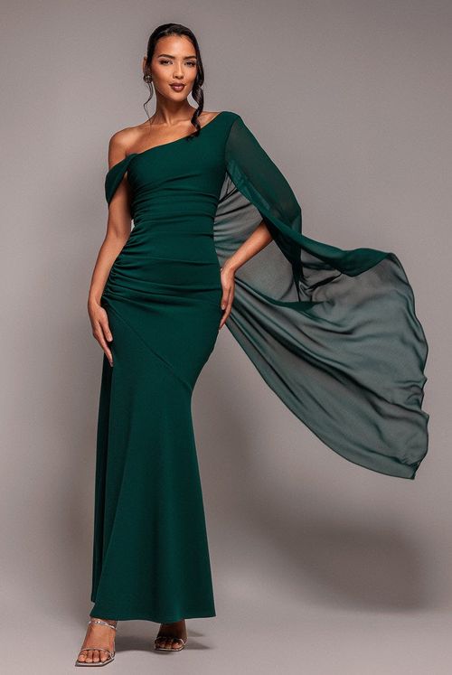 Goddiva One Shoulder Cape Scuba & Chiffon Maxi Dress - Emerald Green by Goddiva - Emerald Green