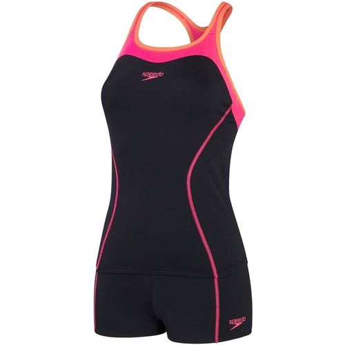 Speedo Womens Solid Patterned Halter Neck Tankini Swimsuit in Black/Pink