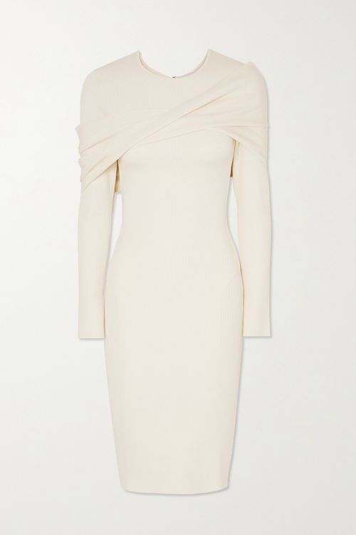 Mybody Draped Ribbed Stretch-knit Dress - White