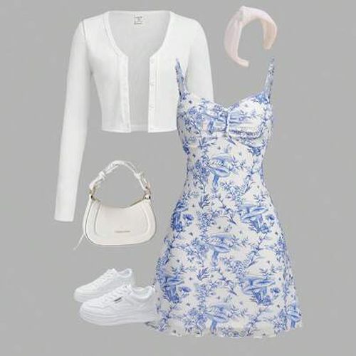 2 pezzi Outfit casual per ragazze adolescenti: Cardigan lavorato a maglia tinta unita lungo e vestito con spalline floreali