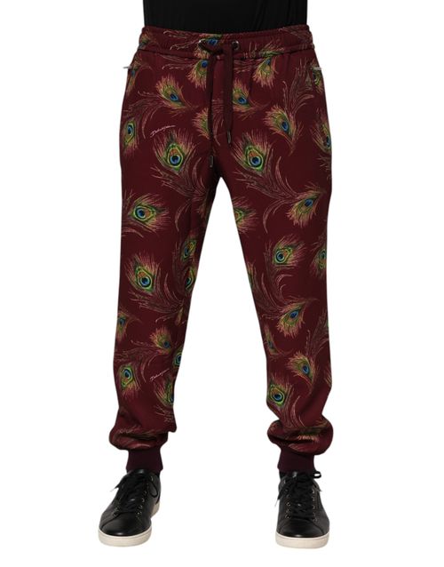 Peacock Feather Print Joggers — Burgundy
