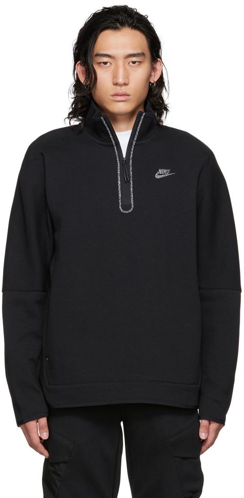 Men Solid Black Sportswear Half-Zip Stand Collar Sweatshirt Activewear