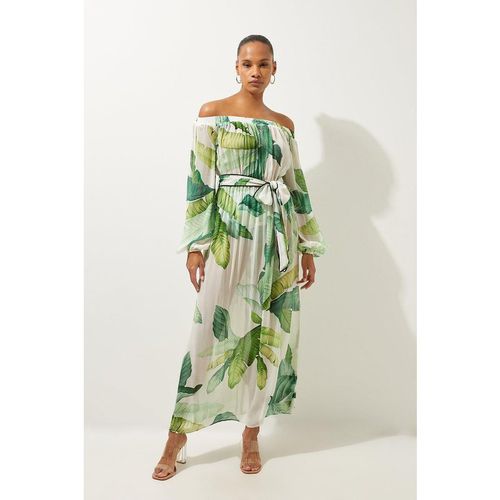 Karen Millen Womens Tropical Palm Print Beach Off The Shoulder Maxi Dress - Green Viscose - Size X-Small