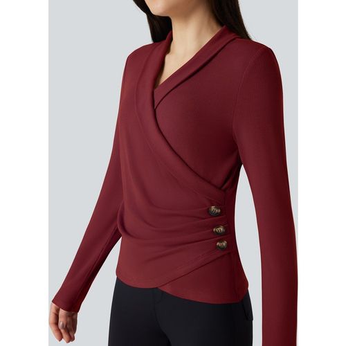 Halara Ribbed Knit V-neck Crossover Long Sleeve Work Top - Merlot