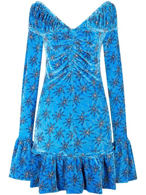 Floral-print flared velvet minidress - Blue