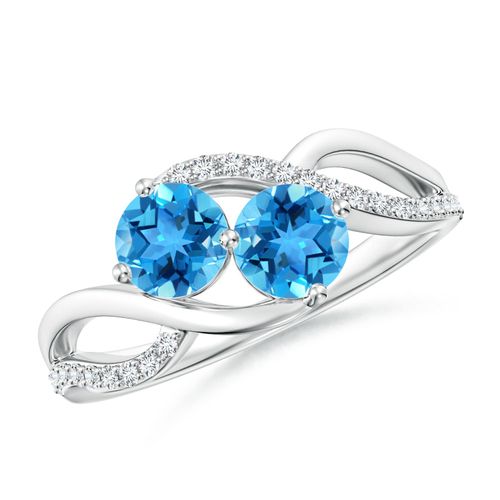 Angara 1.2 Carats Round Swiss Blue Topaz Two Stone Bypass Ring with Diamonds in Silver
