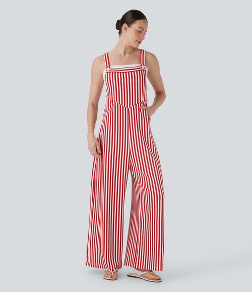 Pockets Stripe Waffle Overalls  - Crimson Stripes