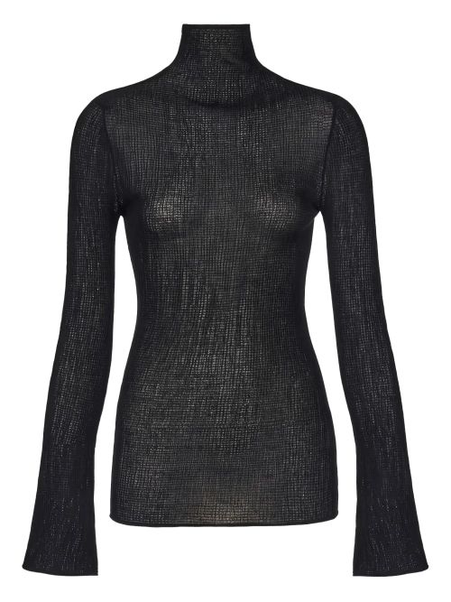 Ribbed Knit Turtleneck Blouse — Black